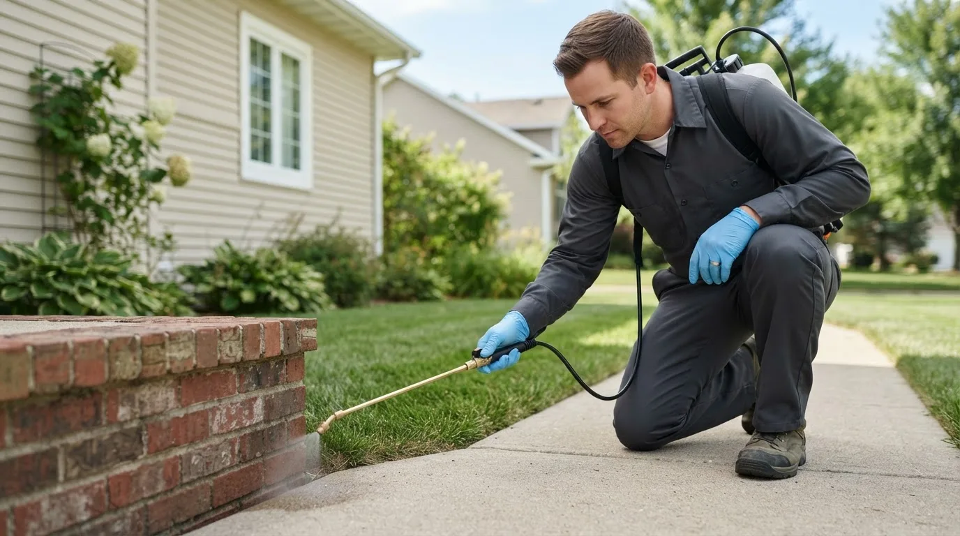 Pest control technician treating a home near Medford, MN